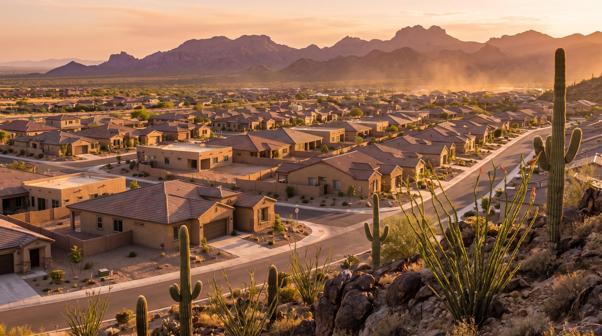 Illustrative Arizona community with stucco homes, tile roofs and desert mountains